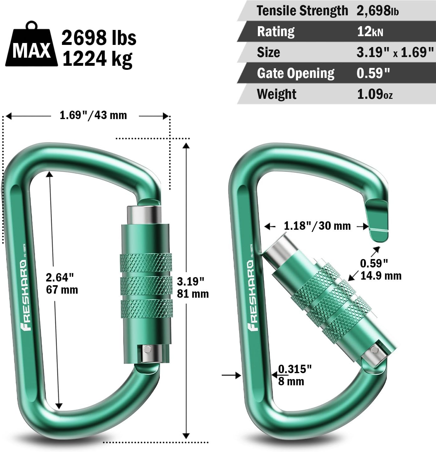 FresKaro 3inch 12kN-2698lbs Auto Locking Carabiner Clips, Solid D Shape, Heavy Duty 7075 Aluminum, Lightweight 1.09oz, Rust Proof, for Hammock, Hiking, Dog Leash, Keychain etc., Multi-Colors