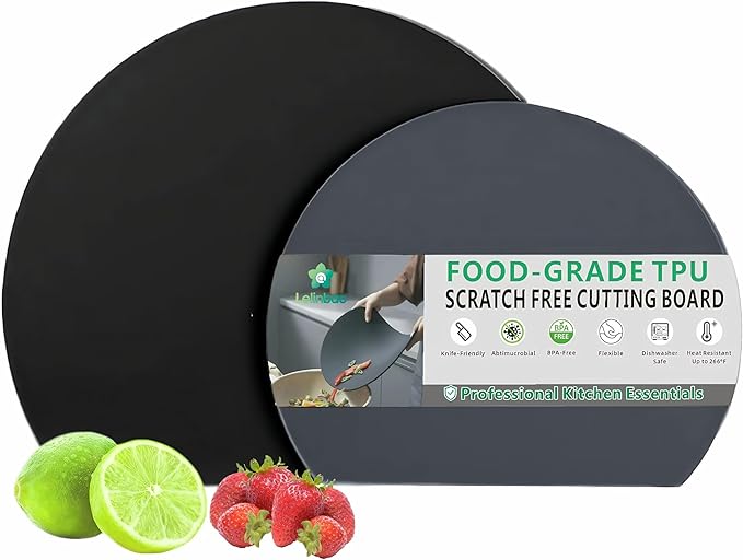 TPU Cutting Boards Set of 2, Flexible, Non-slip Chopping Boards for Kitchen, Knife-Friendly & Dishwasher Safe Cutting Mat for Meat, Vegetables & Fruits (2PCS, Gray/Black-D Shape)