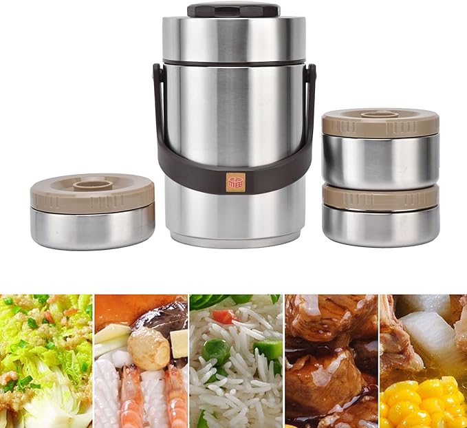 Yosoo for Hot food Wide Mouth Lunch Box, 2000ml 3-Layer Stackable Insulated Food Container Reusable Leak Proof Soup Food Jar for Warm/Cool Food Daily Office Travel Picnic Outdoor Meals(Silver)