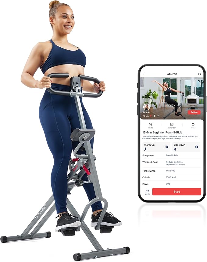 Sunny Health & Fitness Row-N-Ride PRO, Full Body Combo Squat Machine w/Optional Resistance Band, Easy Setup Ab Workout Exe...