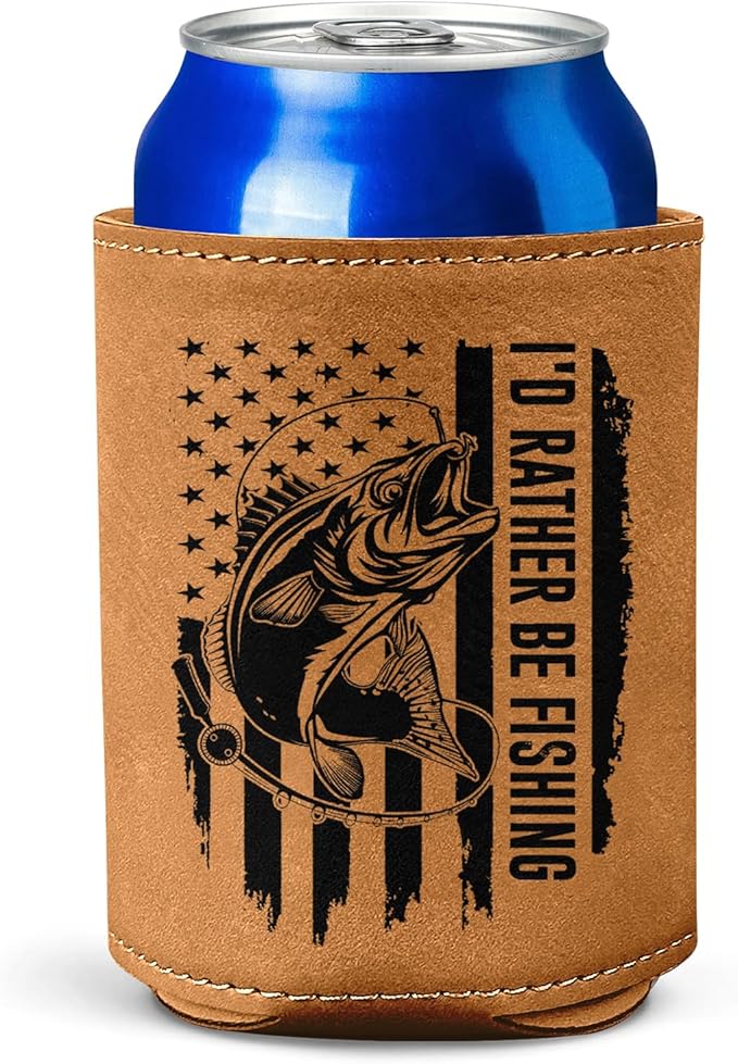 Fishing Gifts for Men – Leather Beer Can Cooler – Perfect Christmas, Birthday Gift for Fisherman – Fishing Present for Dad, Husband, or Friend – Durable Collapsible Leather Can Holder