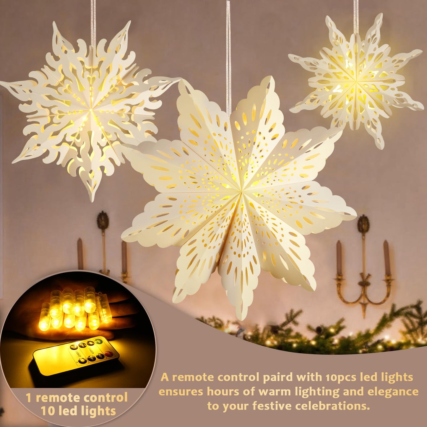 10 Pcs Christmas Paper Snowflake Lanterns  Large Christmas Paper Star Lanterns With Led Lights White Hanging Snowflake Lamp Ornaments For Xmas Winter Frozen Weddings Birthday Holiday Party Decorations