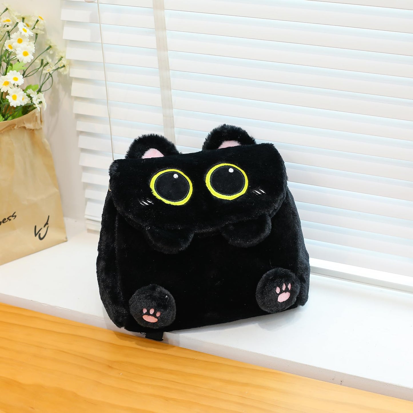 Ueeksry Cute Plush Black Cat Backpack, Plush Cat Bag, Stuffed Animal Backpack, Shoulder Bag Crossbody Bag, Cute Cartoon Bag for Girls Women