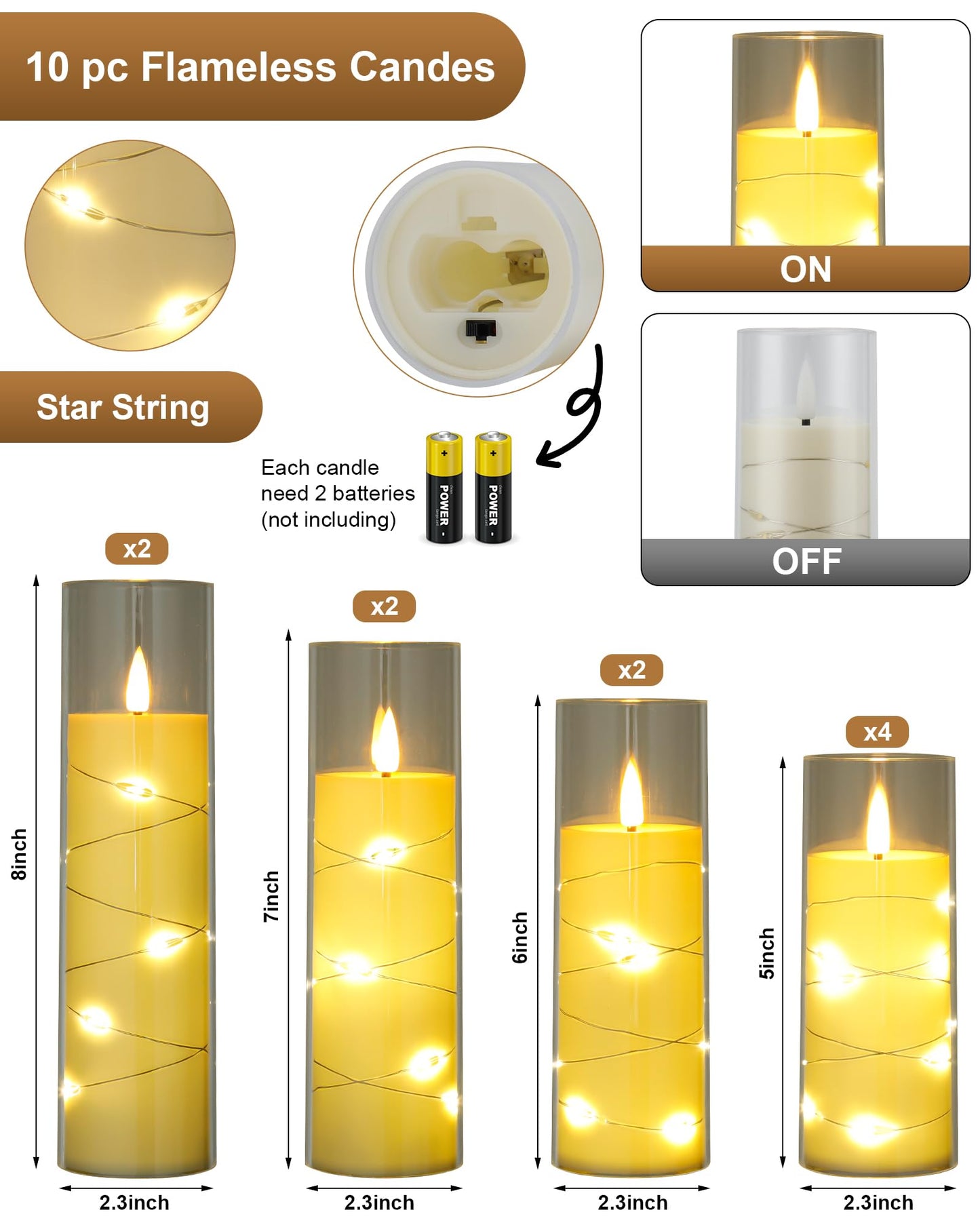 Enido 10 Pc Flameless LED Candles with Remote & Timer, Flickering with Embedded Star String for Cozy Home Decor Holiday Romantic Battery Operated Acrylic Pillar Set (Clear)