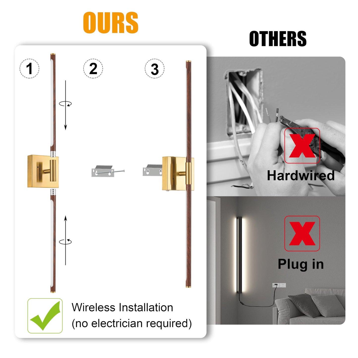 Morauroral 40in Walnut Gold Dimmable Battery Operated Wall Sconces with Remote Control, LED Wireless Lighting, Model 7812