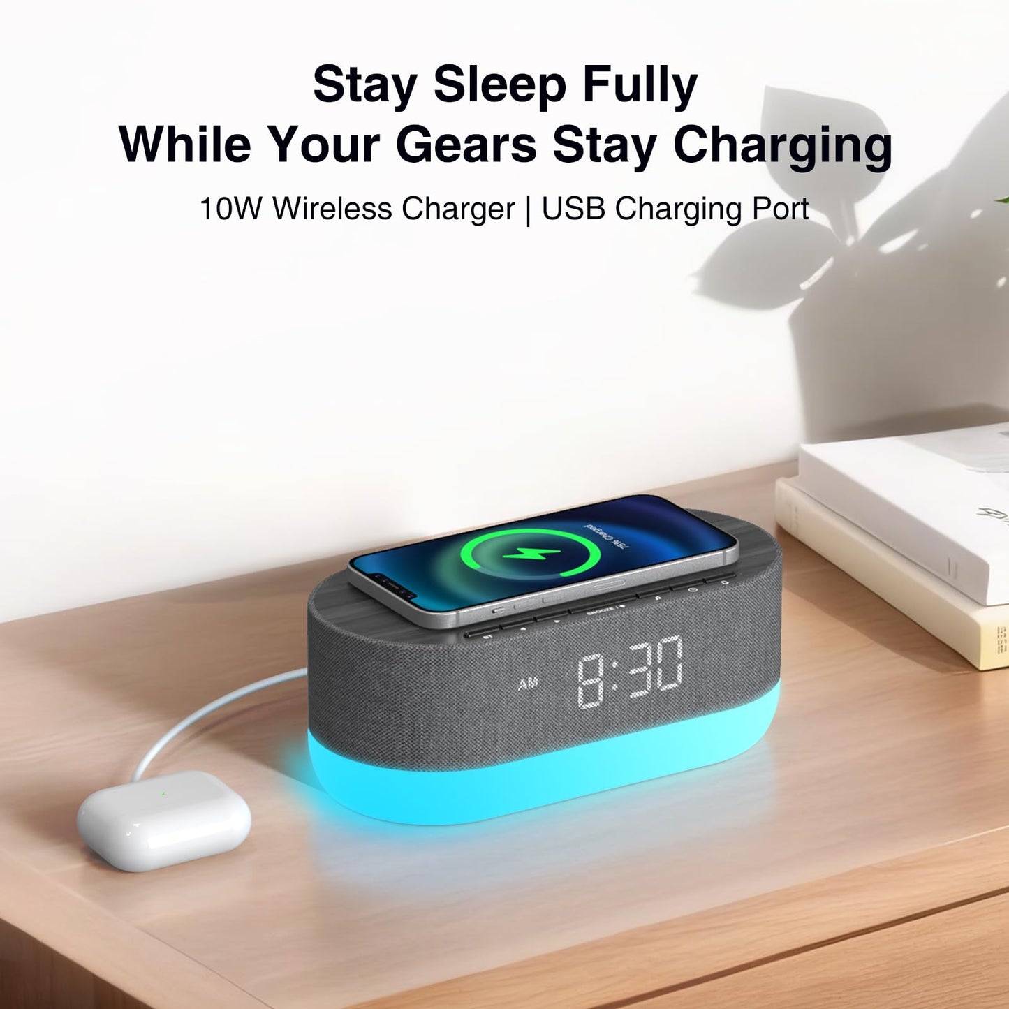 HOUSBAY Sound Machine with Alarm Clock for Bedrooms, Dual Speakers, 21 HiFi Sounds, 10W Wireless Charger, Unlimited Sound, Bluetooth, 10 Night Light, White Noise Machine for Sleeping, Black