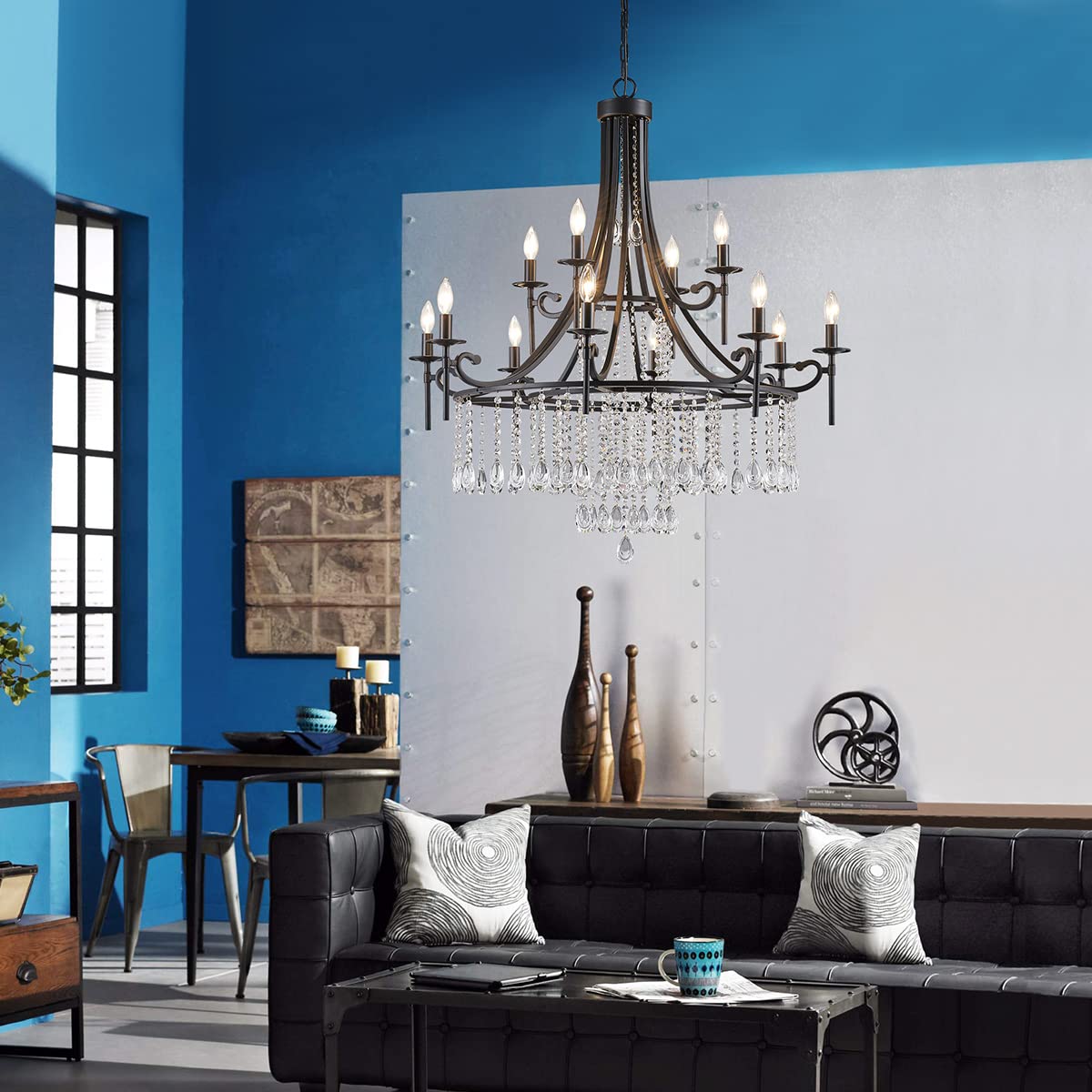 Wuzups Candle Chandelier 12-Light Wagon Wheel Pendant Ceiling Light Modern Lighting Fixture For Bedroom Hallway Bar Kitchen Dinning Living Room Bathroom  Black