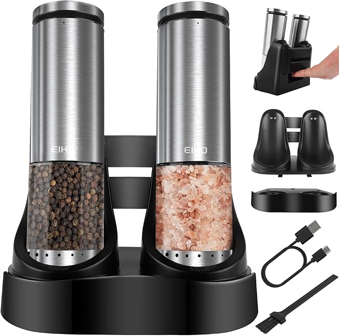 Electric Salt and Pepper Grinder Set Rechargeable, External Adjustable Coarseness, Automatic Salt & Pepper Shakers Mills, Kitchen Gadgets,Stocking Stuffers Christmas Cooking Gifts for Adults Men Women
