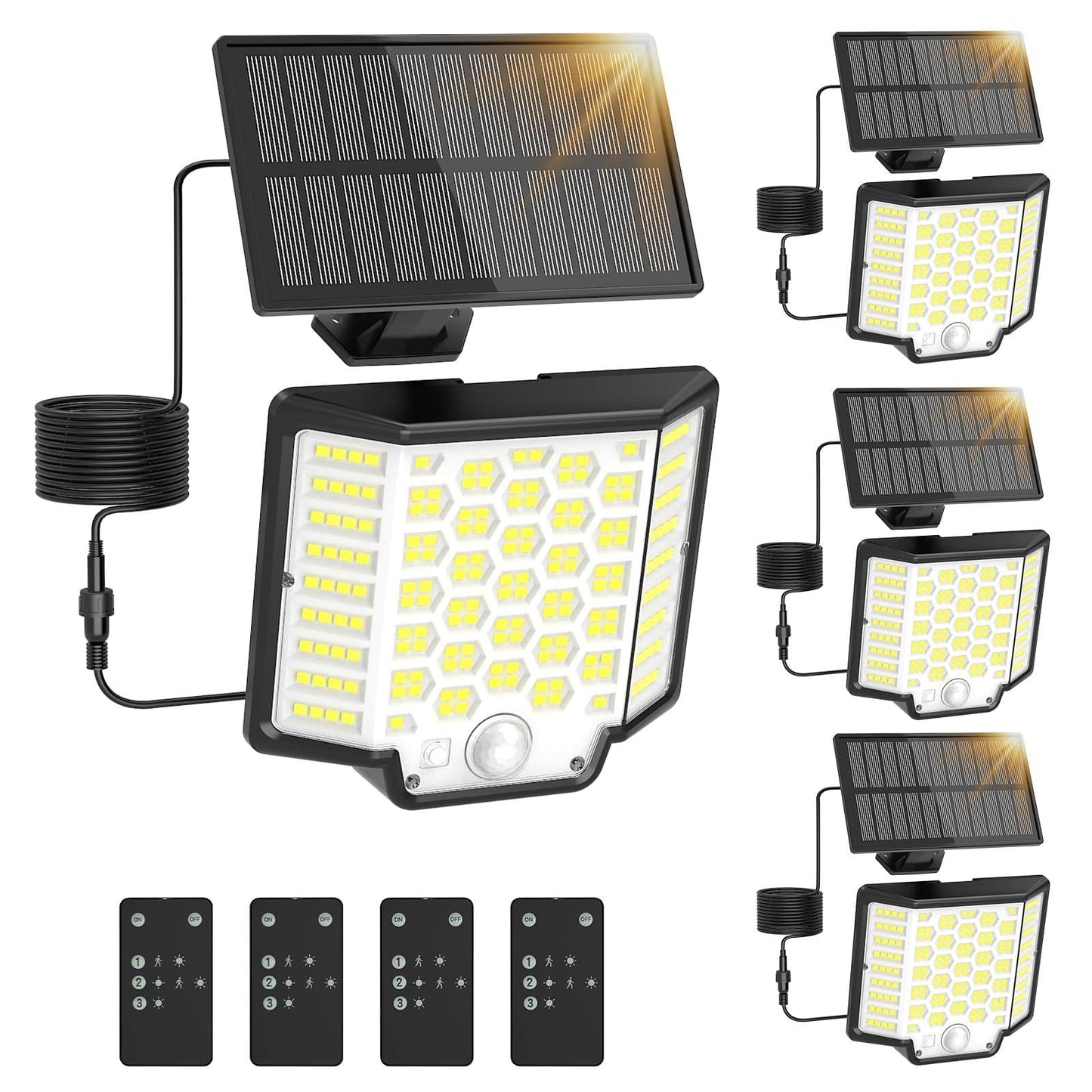 Flumy Solar Flood Lights Outdoor 2500LM, 4-Pack, Waterproof, Motion Sensor, Remote Control, Black, Model 186