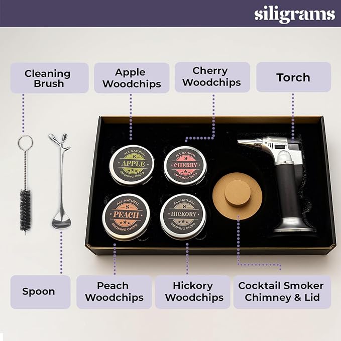 Siligrams Cocktail Smoker Set | Premium Bourbon Smoker Kit for Whiskey, Old Fashioned, and Cocktails | Includes Butane Torch (Butane Not Included) & Wood Chips | Smoker Drink Kit & Smoke Whiskey Kit