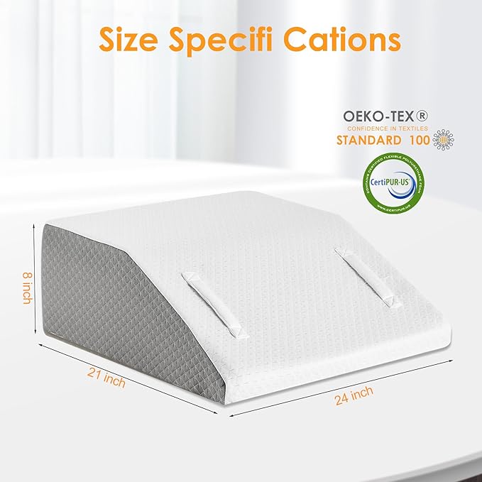 Leg Elevation Pillows for Sleeping, Memory Foam Wedge Pillow for Legs, Knee Wedge Pillow for After Surgery, Swelling, Back Pain and Circulation, Non-Slip Base, Removable Cover (8 Inch, White)