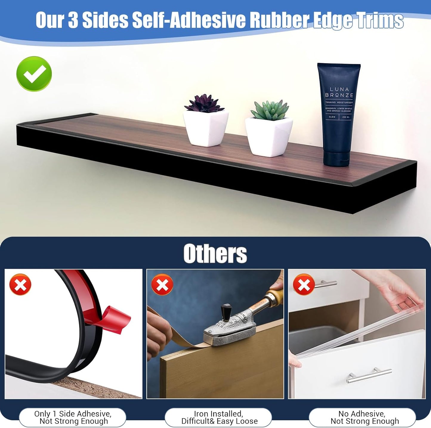 Rubber Edge Trim, Self-Adhesive U Channel Edge Protector for Plywood, Cabinet, 3/4" Wood Edge Banding, Flexible Furniture Repair, EPDM Material, Fit 3/4"(19mm), Length 20Ft, Black Color