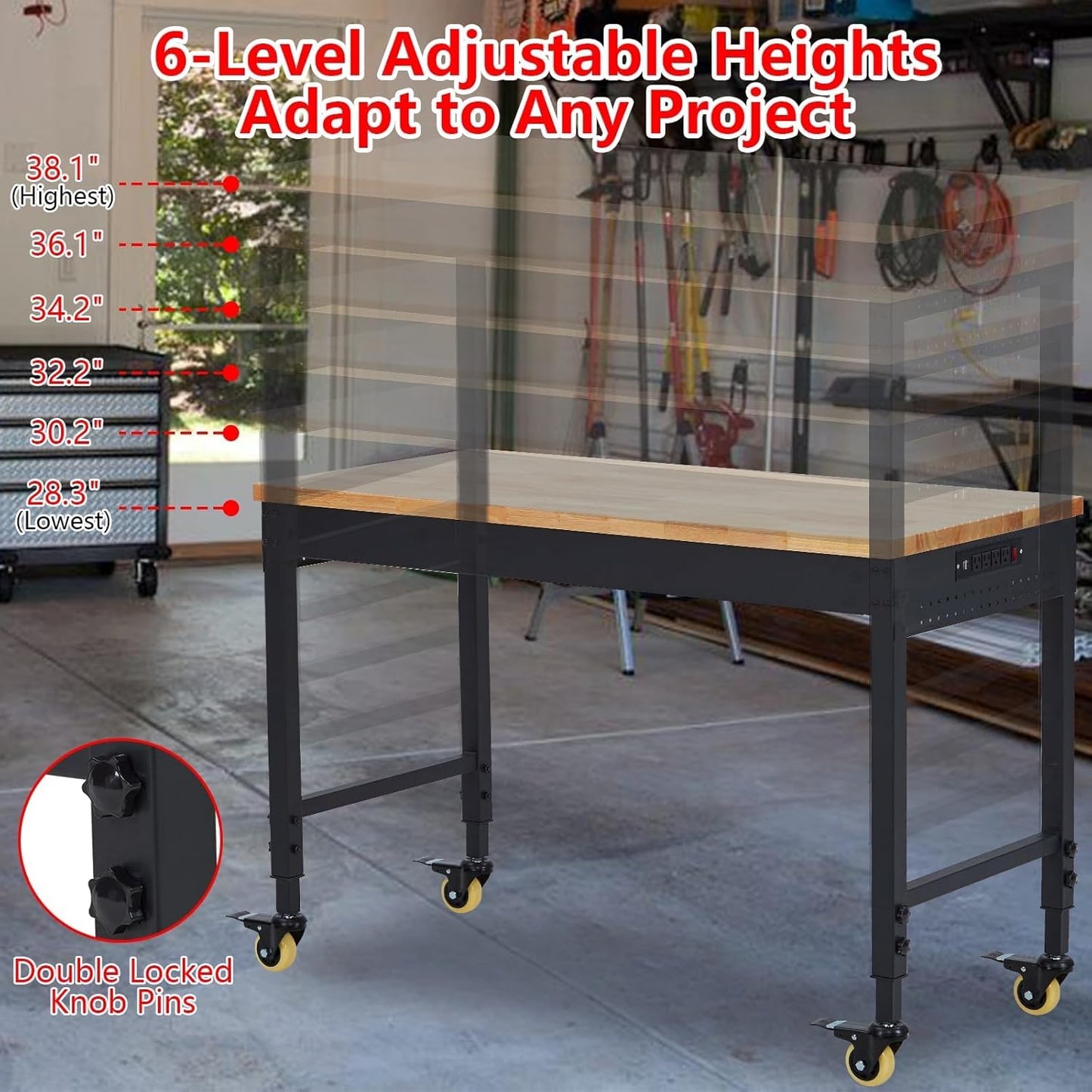 72'' Adjustable Workbench, Heavy Duty Workbench with Power Outlet and Lockable Wheels, 2000 LBS Capacity, Work Table Suitable for Office, Garage, Workshop