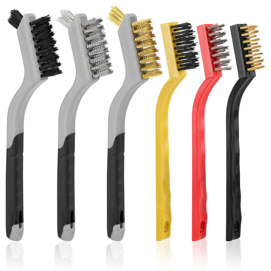 6 Pieces Wire Brushes Set, Small Metal Brass Brush, Stainless Steel Brush, Nylon Brushes for Cleaning Metal Rust and Paint Removal (Grey+3 Mixed Color, L)