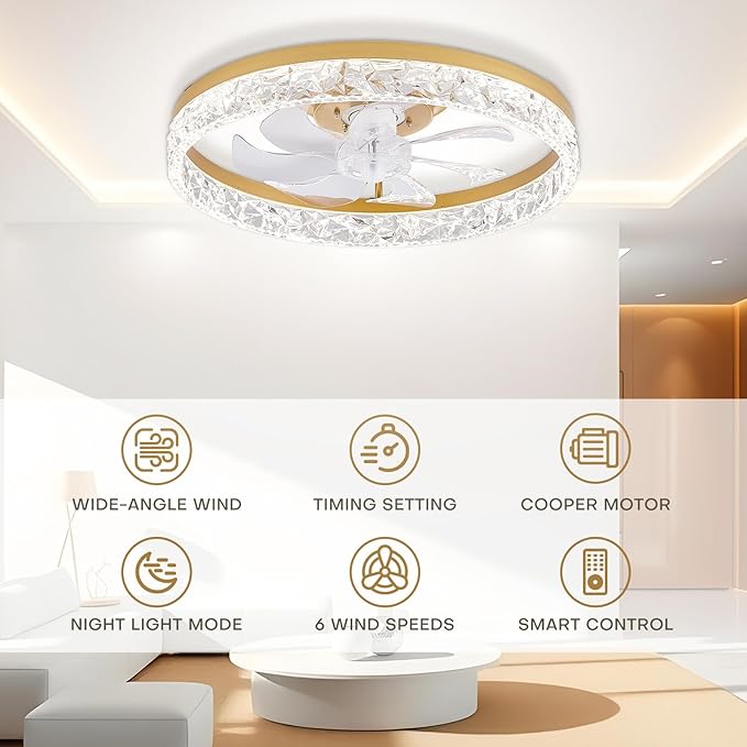 STERREN 19.7'' Crystal Ceiling Fans with Lights and Remote, Modern Low Profile LED Ceiling Fan, Dimmable Flush Mount Fan Light, Gold Fandelier with Color Temperature Change 6 Speeds