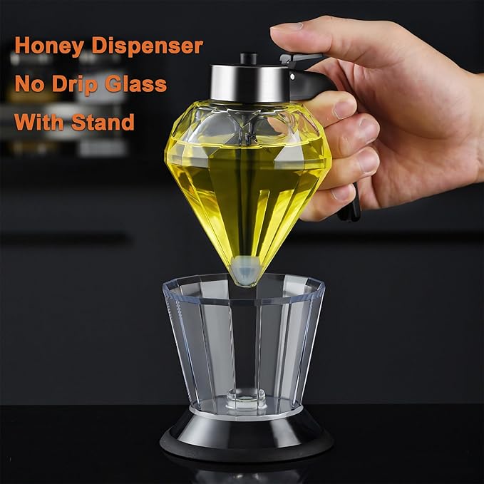 Honey Dispenser:Glass Honey Dispenser No Drip,Honey Jars with Dipper,Honey Pot with Stand,Stylish Honeycomb Design,Suitable for Honey, Syrup, Soy Sauce and Vinegar,200ml/7oz
