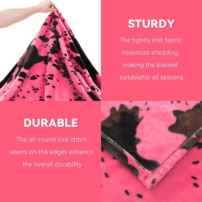 Hot Pink Blanket Queen Size - Extra Large Lightweight Soft Warm Cow Print Fleece Throw for Couch, Bed, Bedroom, Living Room, Home Decor 90x90 Inches
