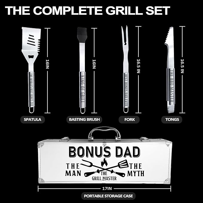 Bonus Dad Gifts, Christmas Bonus Dad Gifts for Him Heavy Duty Grilling Accessories Kit for Backyard BBQ, Thick Stainless Steel Grill Utensils with Non-Slip Handle Tool for Man on Birthday