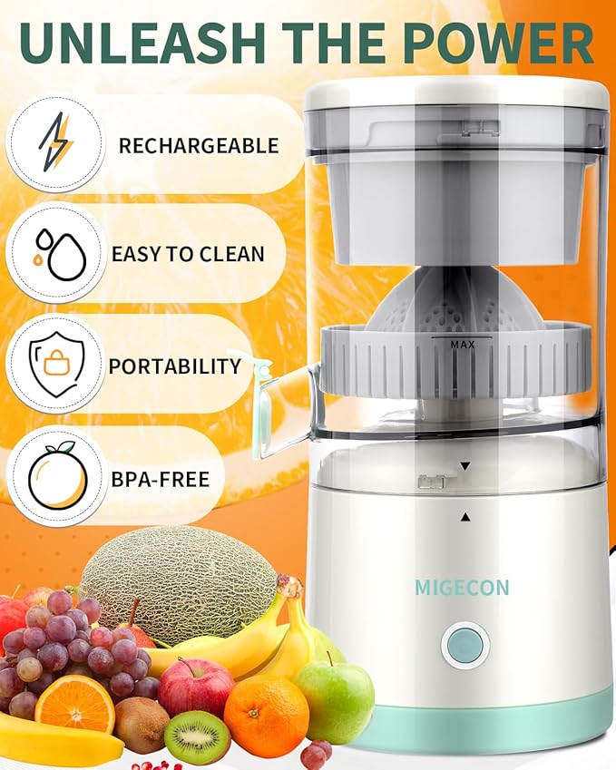 Electric Juicer Rechargeable,Portable Kitchen Gadget for making Orange Juice,Squeezing Oranges,Lemons,Kiwi Fruit,Grapefruits,and Citrus Juices.Comes with USB charging and a Cleaning Brush(White)