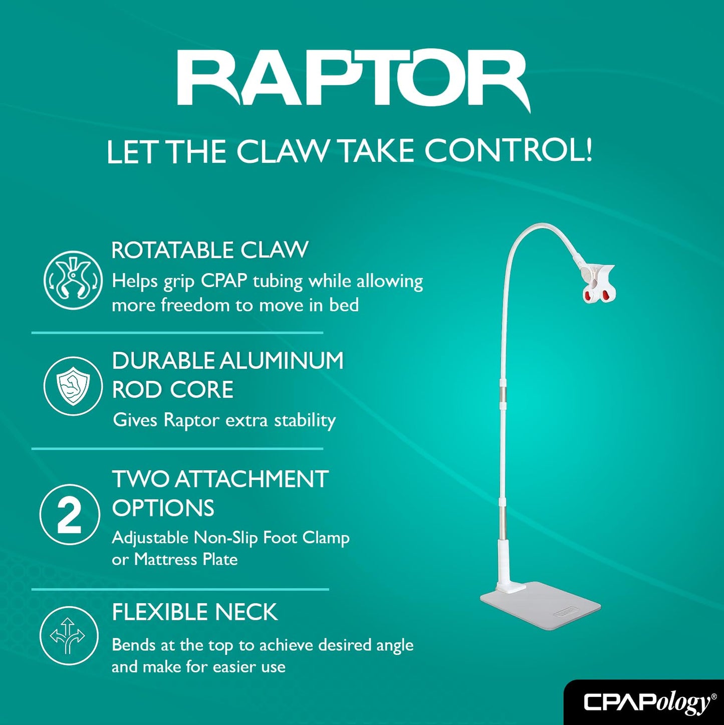 CPAPology Raptor CPAP Tubing Support Claw | Two Attachment Options | Adjustable Non-Slip Foot Clamp or Mattress Plate for Under Mattress | CPAP Equipment for CPAP Hose