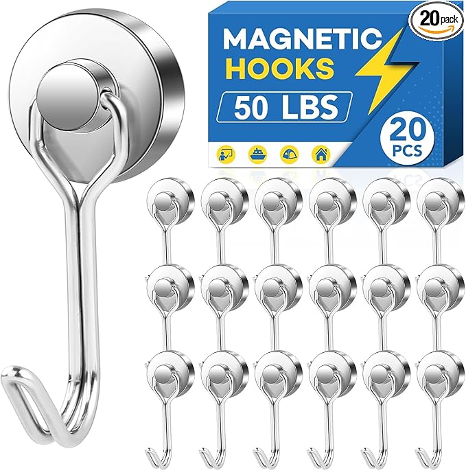 LOVIMAG Hooks, 50lbs+ Magnetic Magnet Hook 2025 Cruise Cabin Ship Essentials Heavy Duty Strong Refrigerator Fridge Hanging for Classroom Beach Vacation Kitchen Grills Home Mug Hanger (20 Pack), Silver