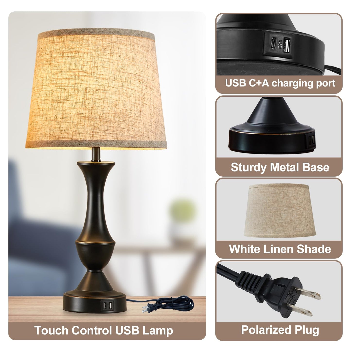 Luvkczc Touch Lamps Set of 2, 3 Way Dimmable, USB Charging Ports, Slub Linen, Black/Oatmeal, Model L-73008-07