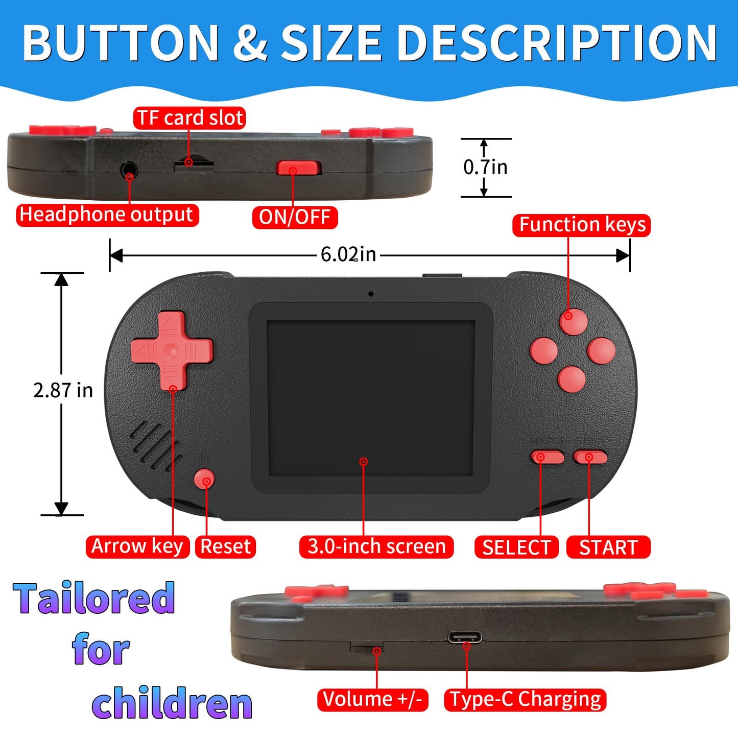 Damcoola Handheld Game Console for Kids, Built-in 300 Games, Including 137 Classic 16-bit Titles. Features a 3.0-inch Large Screen. A for Kids who Love Retro Gaming Fun!