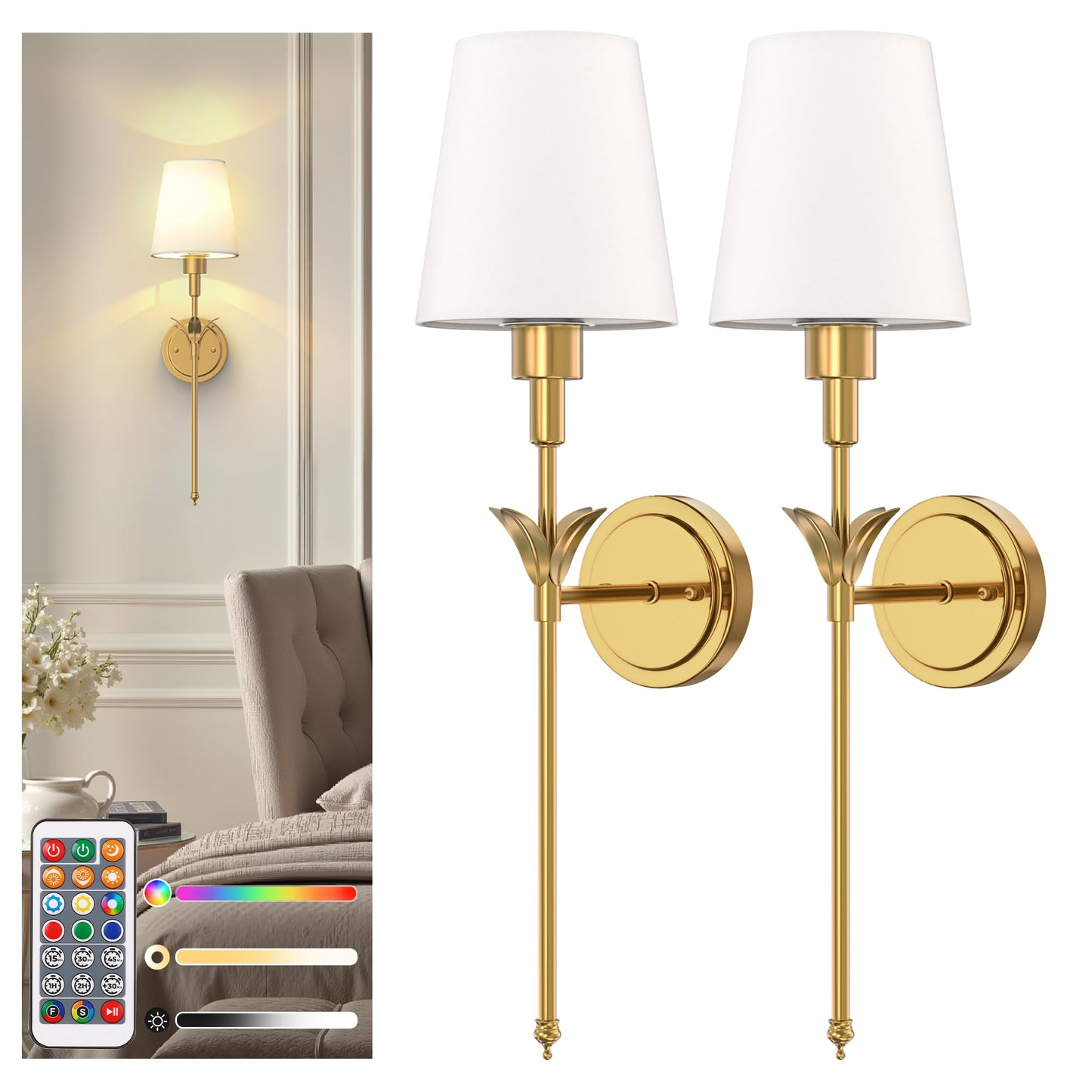 DORESshop Battery Operated Wall Sconce Set of 2, 24.6in Brass Metal Wireless Light for Bedroom, Living Room, Model 46d49f14-8aee-