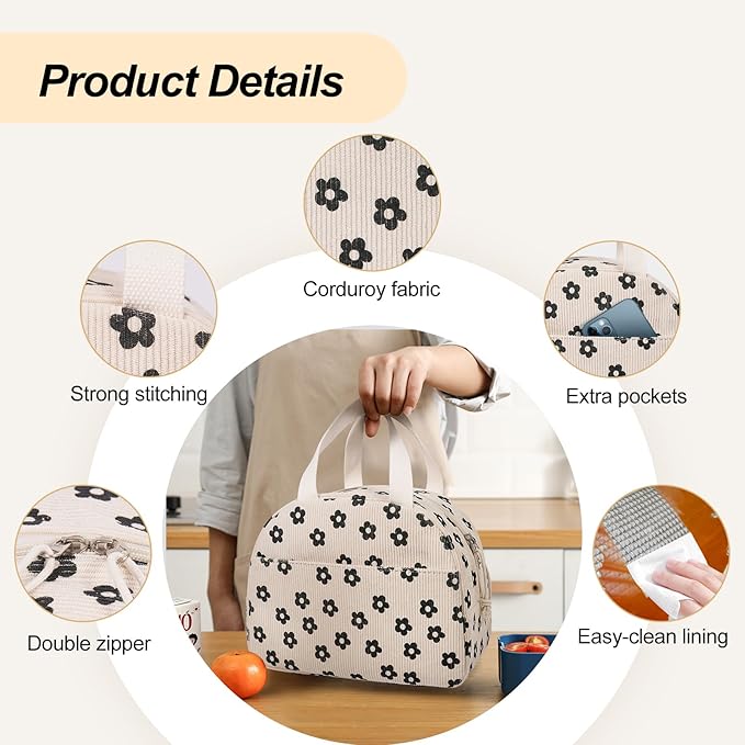 Lunch Box for Women,Cute Corduroy Lunch Tote Bag,Reusable Insulated Lunch Box,Large Capacity Cooler Bag with Compartments for Work, Picnics or Travelling
