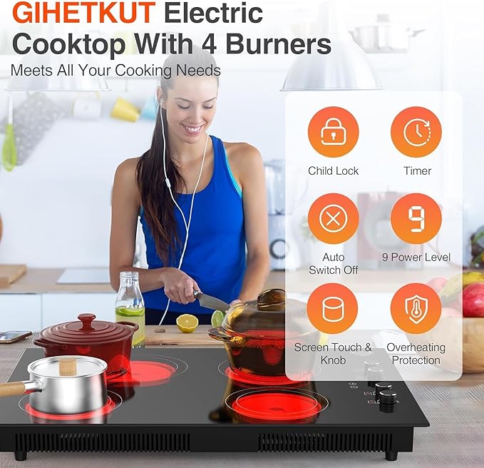 4 Burner Electric Cooktop,7200W Built-in & Countertop 30 inch stove top with 9 Power Levels, Child Safety Lock & 99 mins Timer, 30 inch Electric Cooktop 220-240V (No Plug)