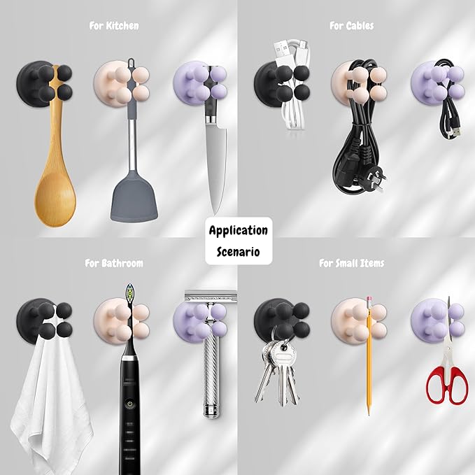 8Pcs Silicone Toothbrush Holders for Bathrooms,Waterproof Self Adhesive Multifunctional Hook for Hanging Towel Key Plug Cable for Bathroom Kitchen Living Room Office BlackPurpleWhiteGreen