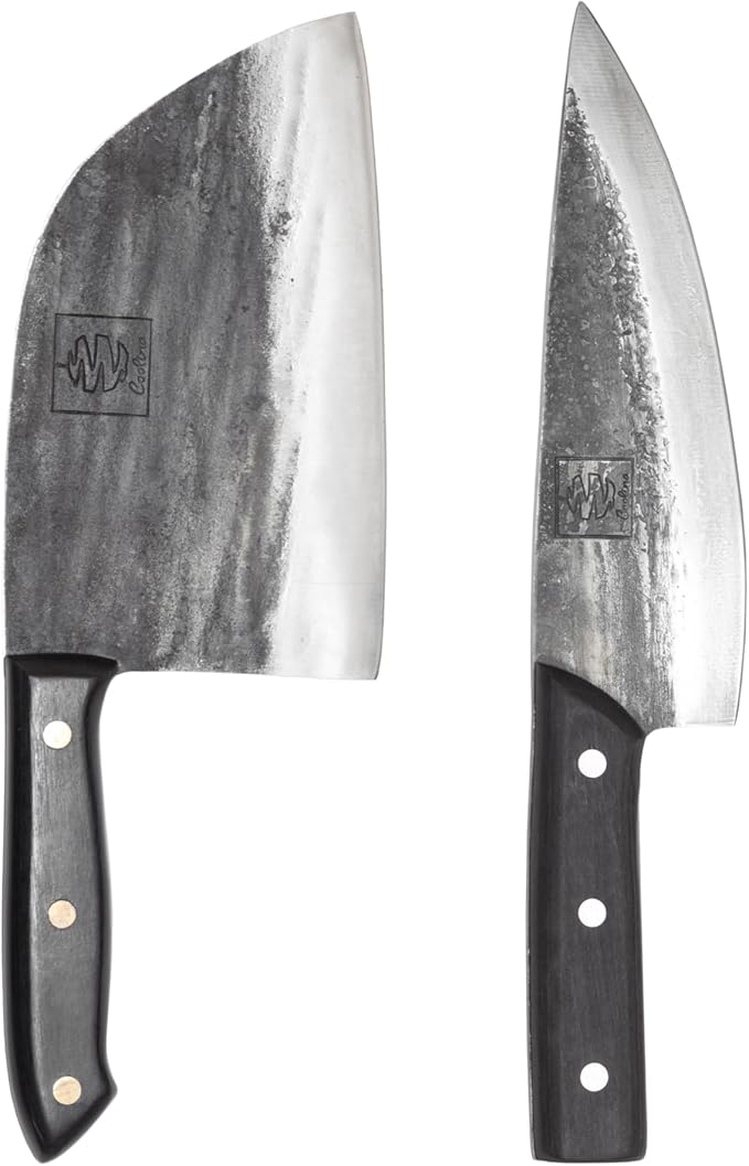 COOLINA Knife Set – Promaja Hand-Forged Butcher Knife & Tungsten Chef Knife Bundle – Full Tang Carbon Steel Cleaver and Cooking Knife with Wooden Handles – Professional Kitchen & BBQ Knives