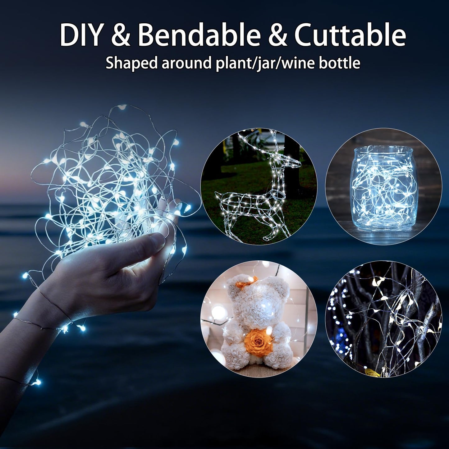 Vookry 30 Led Fairy String Lights - 10Ft Mini Silver Wire, Cool White, Battery Operated, 8 Pack For Crafts & Party Decor