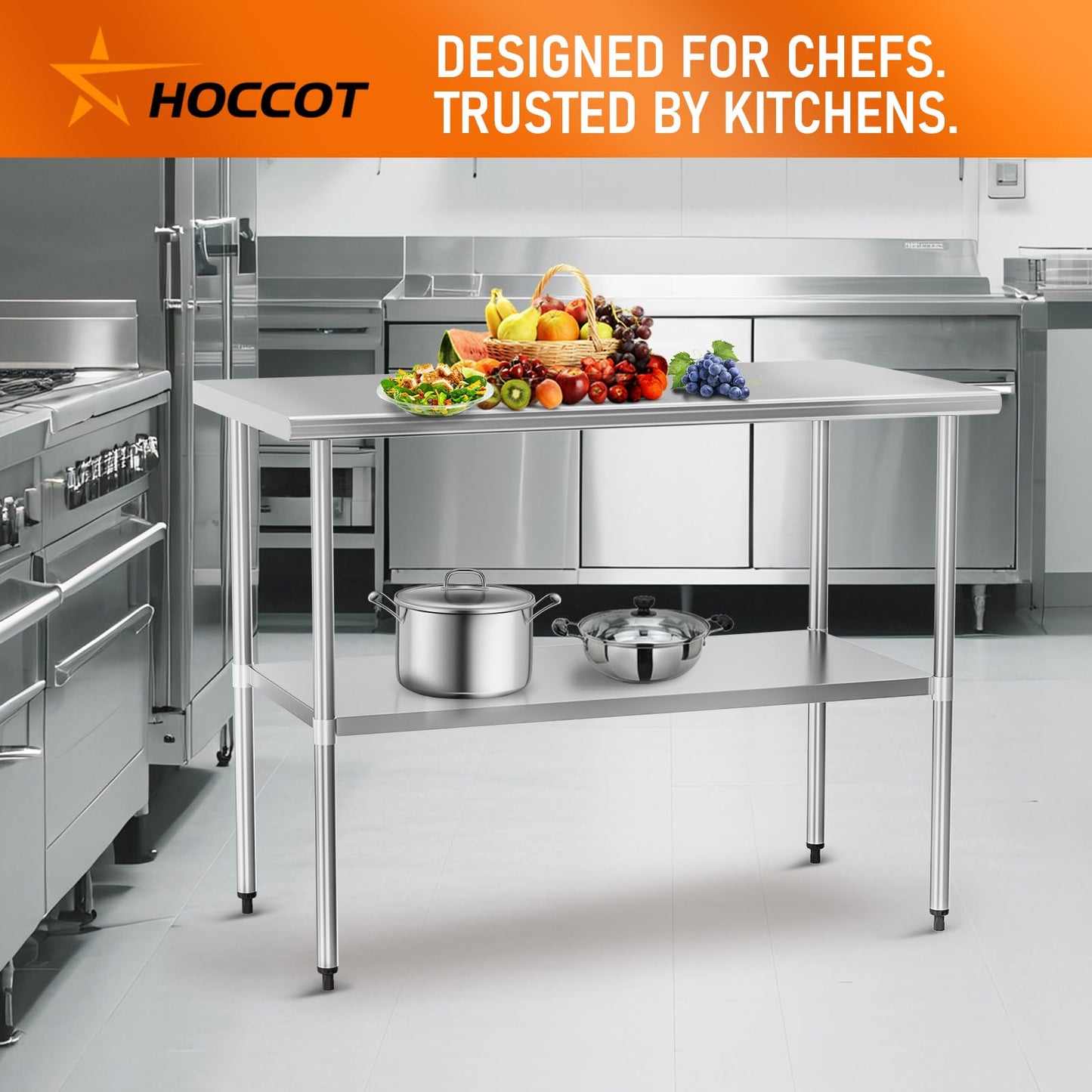 HOCCOT Stainless Steel Table for Food Prep & Work 30 x 48 inches Utility Table with Adjustable Undershelf, Commercial Workstation in Kitchen, Garage, Outdoor BBQ