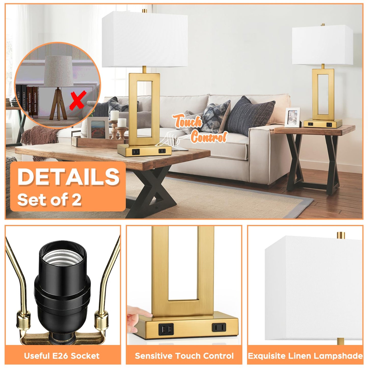 TOBUSA Modern Vintage Gold Table Lamp Set of 2, 28in Tall, White & Gold, Metal, 3-Way Dimmable, 2 USB Ports & AC Outlet, Model