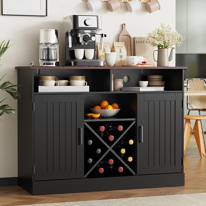 MHOM Farmhouse Coffee Bar Cabinet with Prower Outlets, Rustic Liquor Cabinet with Wine Rack, Wooden Wine Cabinet for Dining Room & Living Room, Black