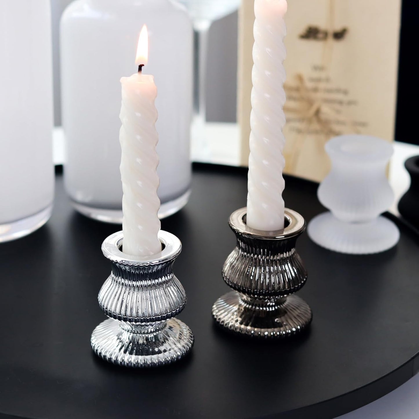 WDHODEC Black White Candlestick Holders 12PCS Glass Taper Candle Holders for Table Centerpiece Colorful Candle Sticks for Wedding, Party and Festival Decoration