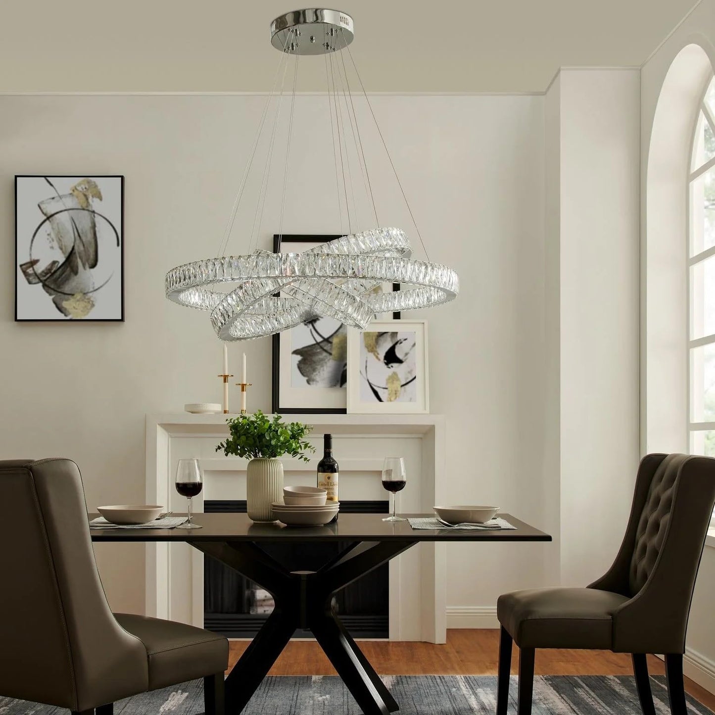 Finesse Decor Crystal Elegance Three Ring Chandelier, Modern Design, Metal & Crystal, Clear, Model CH-415-RO
