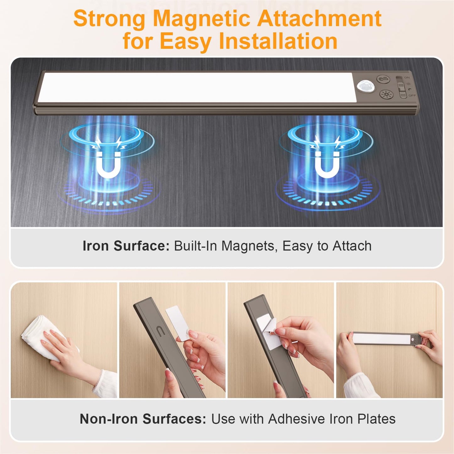 Gritin 10.2Inch Under Cabinet Lighting Rechargeable -84 Led Super Bright 3-Color& 5 Level Brightness 4 Modes Motion Sensor  Long Lasting- Easy Installation Magnetic Closet Lights -2 Pack-Bronze