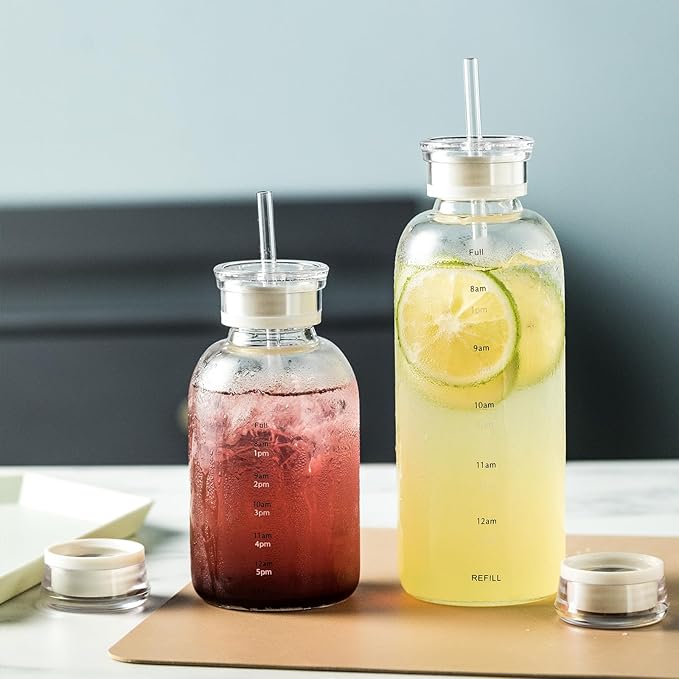 Glass water bottle With Time Marker -24oz with 2 caps and straw,Reusable Glass Drinking Bottles，Suitable For Drinks, Juices, Sodas, Coke, As Gifts Etc (24oz*2pcs)