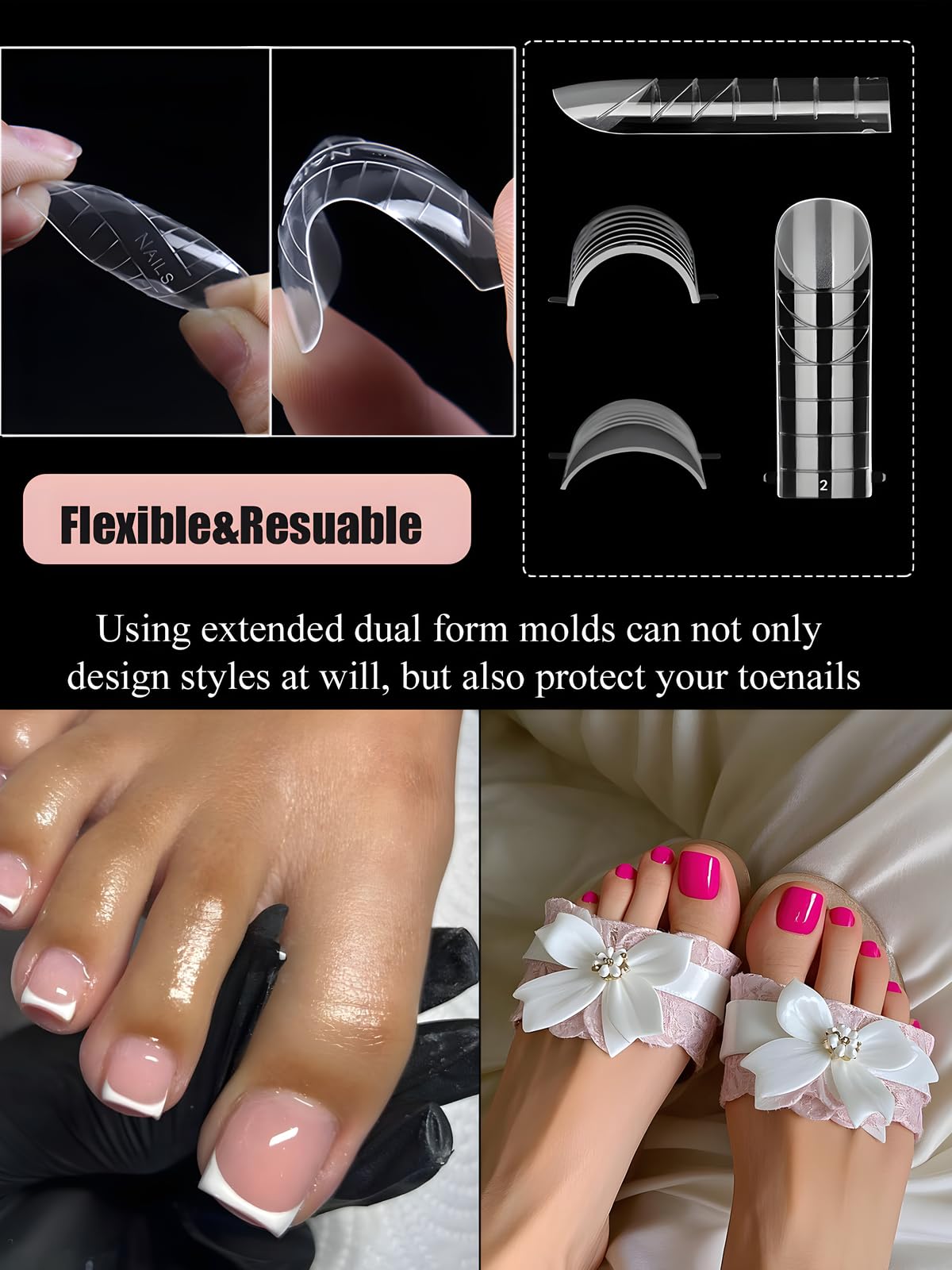 Poly Gel Toe Nail Form Kit - 120 Pcs Reusable Dual Toe Molds for Acrylic Extensions and Pedicure | Full Cover Nail Tips with Dua