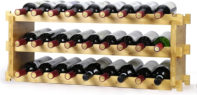 Finnhomy Wine Rack 27-Bottle 3-Tier Natural Bamboo Display Wine Storage Shelves Stackable Wine Bottle Holder