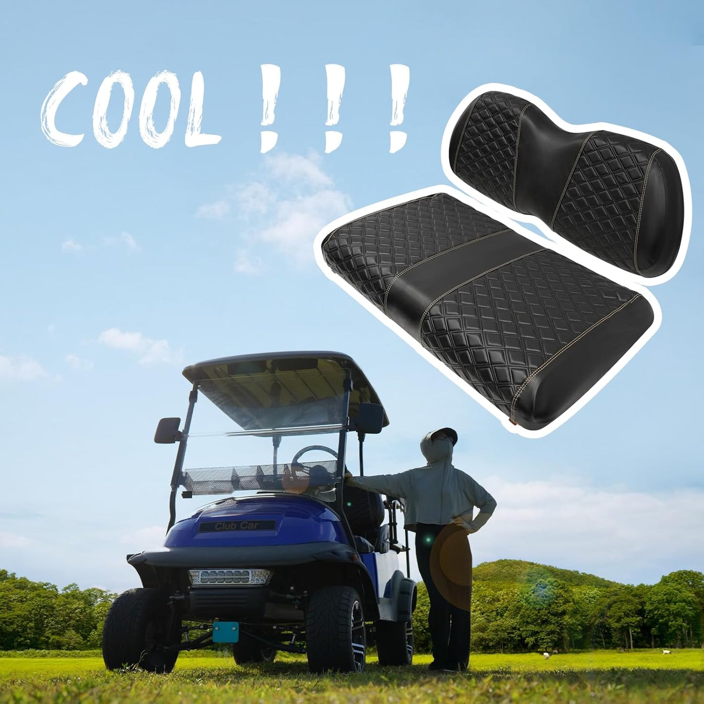 Golf Cart Seat Covers for Club Car Precedent/Onward/Tempo 2004+ Front OEM Universal Seat Cushion, Marine Grade Vinyl Leather Club Car Seat Covers/Easy to Install-Black (2PCS)