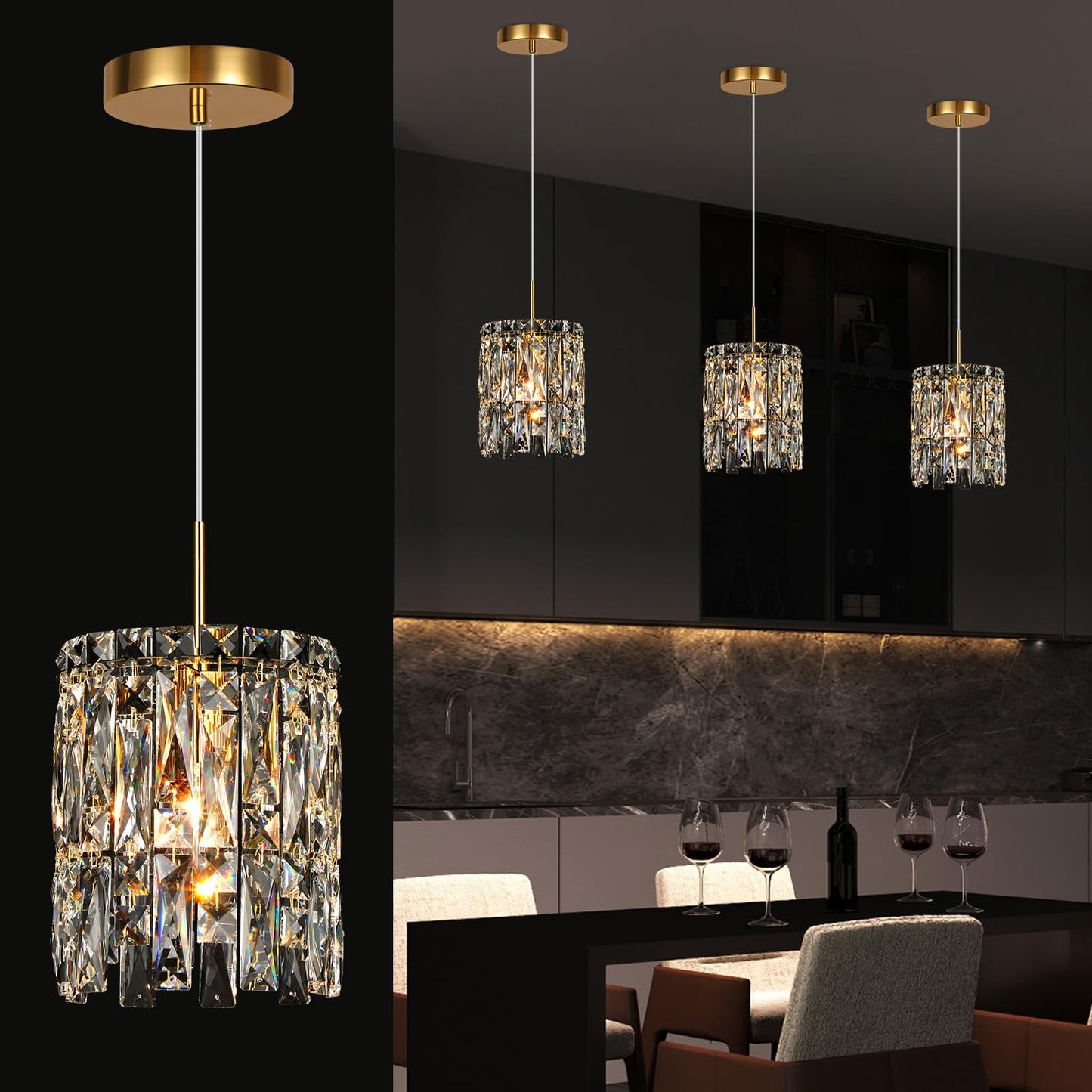 Nisidun Modern K9 Crystal Pendant Lights Kitchen Island 1 Lighting Gold Chandeliers For Dining Room Light Fixtures Over Table Hanging Chandelier For Kitchen Island Entryway Bathroom Bedhead Light