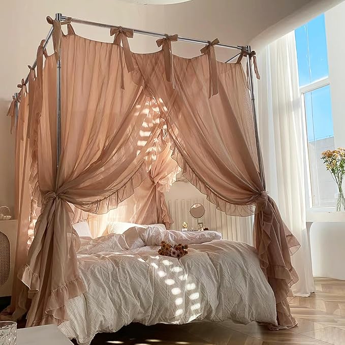 Canopy Bed Frame Full Size Stainless Steel Canopy Poles for Bed, Canopy Bed Curtains Full Bed Canopies & Drapes for 4 Corner Metal Bed Wood Bed Bedroom Decor