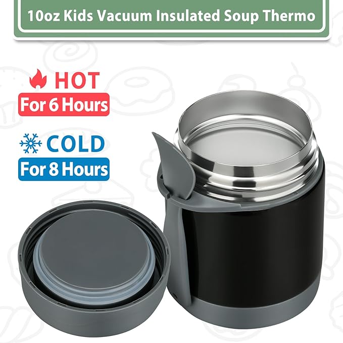 10oz Soup Thermo for Hot Food Kids,Lunch Kids Jar with Spoon Insulated Containers,Leak Proof Stainless Steel Wide Mouth Lunch School(Black)