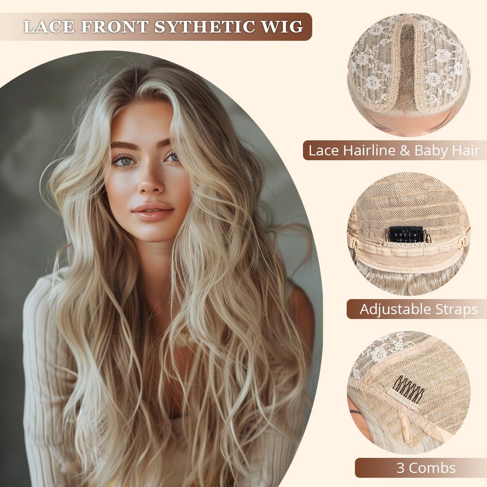 Style Icon HD Lace Front Wig 26 Inch Long Body Wave Wigs Synthetic Fiber Highlight Beige Blonde Blend Color Pre Plucked Baby Hai