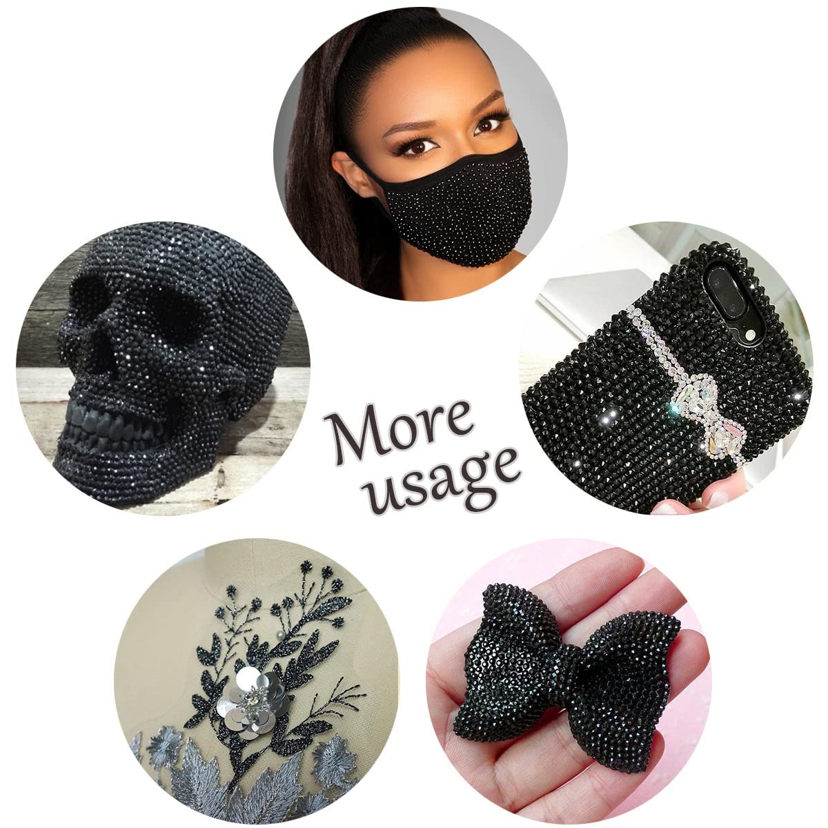 qiipii 4080Pcs Black Nail Rhinestones Crystal Flatback Jet Black Rhinestones Round Beads Glass Gems Stones Nail Art Gems Diamond