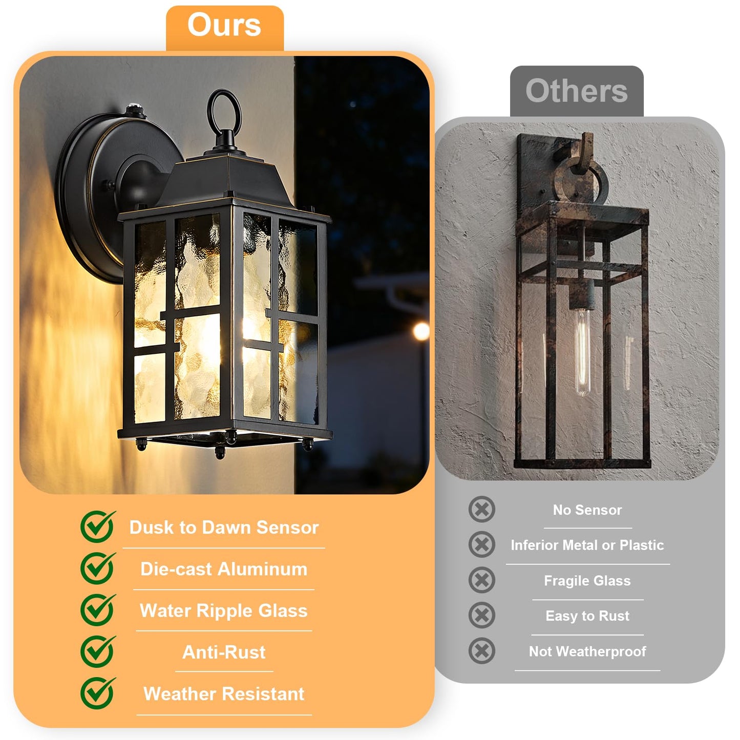 Okeli 2-Pack Dusk To Dawn Outdoor Wall Lights  Weatherproof Exterior Lighting Fixture Wall Mount  Aluminum Ripple Glass Porch Light  Anti-Rust Outside Wall Sconce For House  Garage(Black&Gold-Trim)