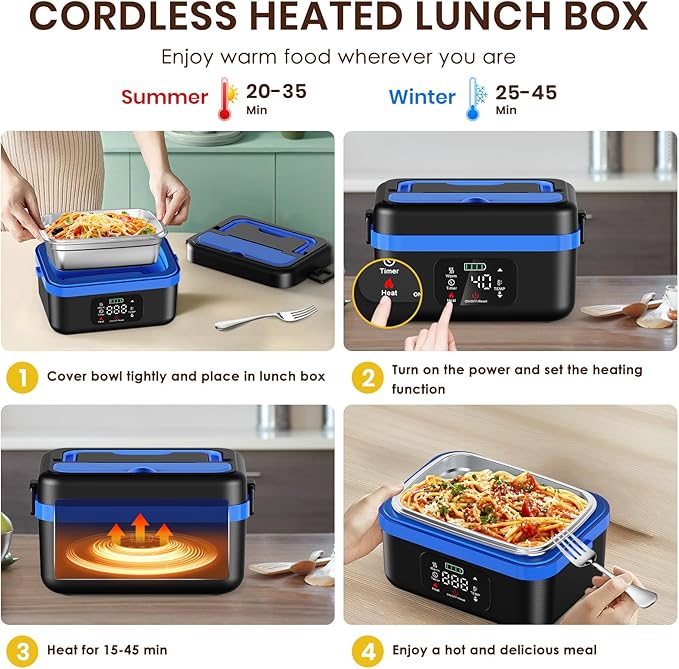 Cordless Electric Lunch Box, Battery Powered Heated Lunch Boxes, 1 Liter Food Insulated Food Warmer Box with Fork and Spoon Insulated Carrying Pouch for Truck Drivers Blue Collar and Adults
